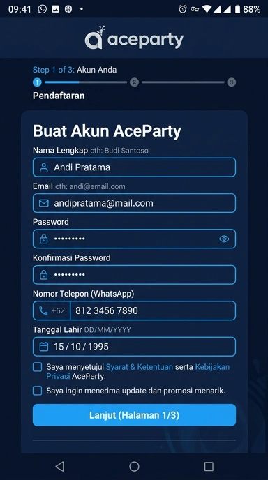 Tampilan halaman daftar aceparty
