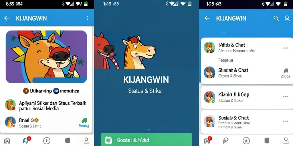 Antarmuka KIJANGWIN menampilkan berbagai pilihan stiker dan status yang menarik.