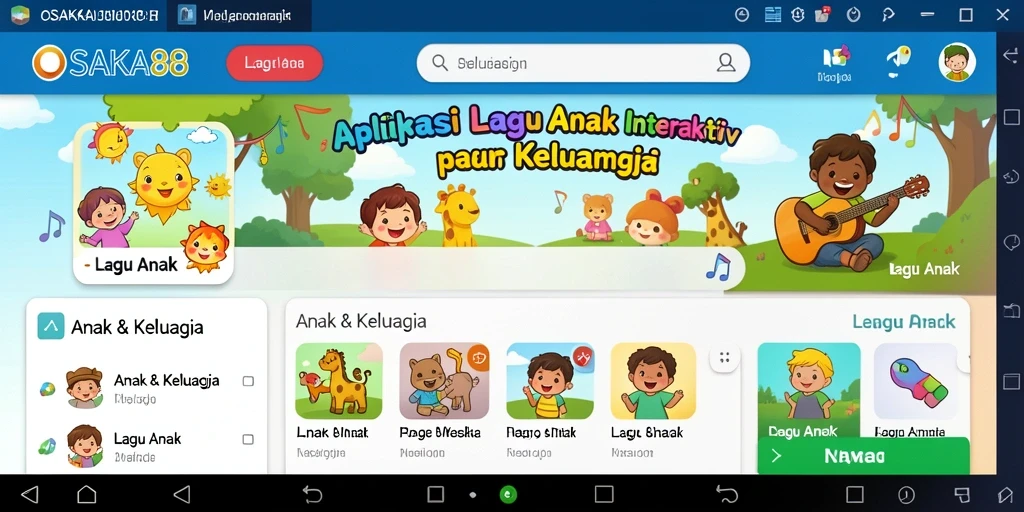 Antarmuka aplikasi OSAKA88 dengan lagu anak yang berwarna-warni